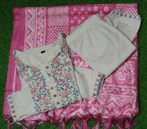 Elegant Khadi Cotton Embroidered Suit with Khadi Silk Dupatta – Timeless Class & Comfort